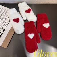 AliExpress NONE Thick Fleece Lined Winter Gloves Women Ins Trendy Korean Red Heart Design Faux Mink Fur Cycling Coldproof Mittens Student Gift