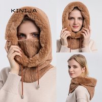 Winter-Fellmützen-Masken-Set mit Kapuze für Damen, gestrickte Kaschmir-Halswärmer-Balaclava, winddichte Skimütze, dicke Plüsch-Flauschmütze mit Kapuze