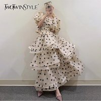 TWOTWINSTYL Hit Color Polka Dot Two Piece Set For Women O Neck Short Sleeve Top High Waist Temperament Skirt Sets Female Fashion