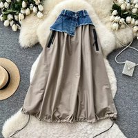 New Niche Design Women Denim Patchwork Khaki Midi Skirt Asymmetrical Waist Drawstring Hem Bubble Skirt Zipper Pockets SK8003