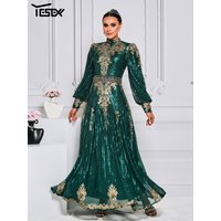 Yesexy New Green Muslim Round Neck Church Dress Long Sleeved A Line Evening Wedding Birthday Party Formal Occasion Sequin Dress