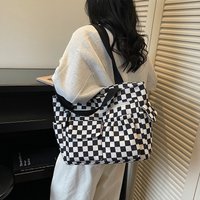 Stripe Pattern Fashion Leisure Checkerboard Tote Bag Corduroy Multiple Pockets Large Capacity Zipper Soft Bag Easy Storage