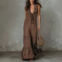 Elegant Women's Maxi Dress Deep V Neck Ruffle Trim High Waist Tiered Dresses 2026 Summer Woman Beach Party Vacation Vestidos