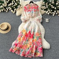 Elegant Lantern Sleeve Vintage O-neck Chic Print Breasted Top Slim High Waist Mesh Skirt French Vacation High Street Autumn Sets