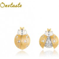 925 Silver 18K Gold Brushed Cubic Zirconia Insect Ladybug AB Asymmetric Stud Earrings Women Cute Dainty Trendy Small Earring