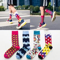 Best selling British style geometric contrast color trend men's socks street cotton mid-tube socks plus size men's socks
