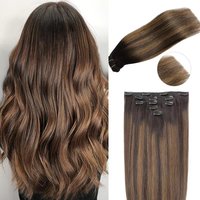 Sunmofavo – Extensions de cheveux naturels à clipser, lisses, brun clair, ombré miel, balayage noir, pour femmes, tête entière