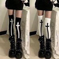 Dark Lolita Cross Print Thigh Knee High Stockings Sexy JK Gothic Halloween Cross Silk Spicy Girl Women Cos Long Tube Thigh