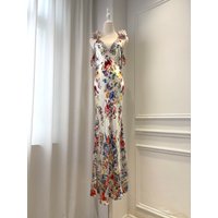 3D Flower Shoulder Strap Women Long Dress Crystal Beaded Floral Print V-Neck Sleeveless High Waist Slim 100% Silk Robe