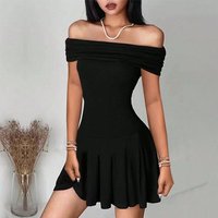 Pleated Strapless Mini Dress Woman Sexy Boat Neck High Waist Black Y2K Patry Evening Slom Bodycon Cheap Clothes Dresses Women