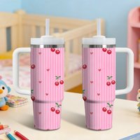 Cherry Tile Front Vacuum Flasks 40oz Stainless Steel Insulated Tumbler With Handle & Straw Leakproof Travel Mug