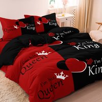 3pcs Red Black Duvet Cover Bedding Set With Queen & King Crown Featuring English Letters Design Print Perfect For Bedroom Hotel