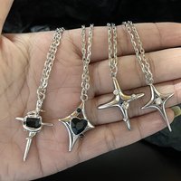 Silver Cross Studded Diamond Four Pointed Star Necklace For Men And Women's Vintage Clavicle Chain Party Jewelry