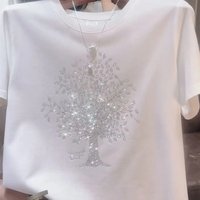 2025 Women's Round Neck Diamonds Printed T-shirts Summer New Fashion Commute Cotton Solid Loose Short Sleeve Casual Tops