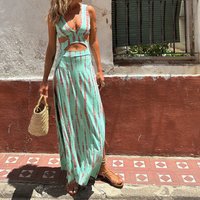 BKLD 2024 New Arrivals Women's Summer Resort Beach Wear Fashion Printed V Neck Off Waist Sexy Split Slim Dress Casual Lady Party
