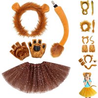 Children Boy Girls Animal Lion Cosplay Costumes Ears and Tail Headband Skirt Set Accessories Halloween Carnival Party Dress Up