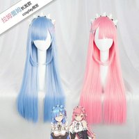 Blue Pink Girl Long Straight Human Hair Rem Lamb Cosplay Wig Hairpiece From Scratch Daily Wear Festival Party Simulated Hair