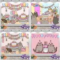 Anime p-p-Pusheen Cat Birthday Backdrop Product Photography Props Background Photographic Studio Party Decoration Wallpapers