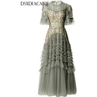 DSXDFACAIRIJ Women's Sequin Beaded Floral O-Neck Dress with Flare Sleeves Ruffles Elegant Mesh Long Summer Party Dress