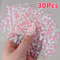 30Pcs 3D Pink/White Flowers Nail Stickers Cute Sakura/Bow/Love/Butterfly Adhesive Nail Art Decals Elegant Floral Manicure Decor