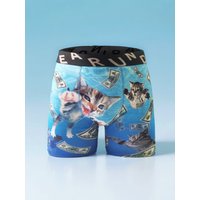 Fashion Men's 3D Cat Printed Funny Pattern Tilament Pants Breathable and Comfortable Fast Dry Sport Boxers Briefs Plus Size