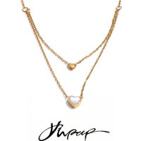 Yhpup Stainless Steel Double-Layer Natural Shell Heart Drop Necklace Valentine's Day Gift Exquisite Charming Korean Jewelry
