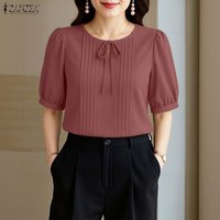 ZANZEA Elegant Solid Color Woman Blouses Lace Up O-Neck Short Puff Sleeve Pintuck Detail Women's Tops Summer Casual Blusas