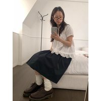 Retro Midi Shirt And Elastic Waist Skirt Set Simple Splicing Lace Design Anti-Aging Japanese Style Commute Casual Standard Fit