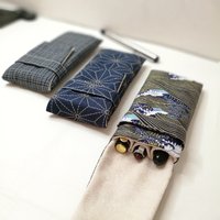 National Wind Cloth Art Pen Bag 3 holes Pen Bag Pen Case Protection Case Portable Pen Bag Blue Checkered Cherry