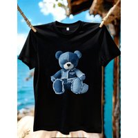 【YJ01170】Blue Small Bear Pattern Print Plus Size Women's T-Shirt Summer Casual Short Sleeve Top Fashionable Versatile Clothing