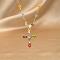 Cross Necklace Colorful Crystal Beads Sparkling Zircon Pendant Rainbow Boho Clavicle Chain Y2K Gift for Women