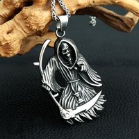 Vintage Death Scythe Skull Pendant Necklace Mens Stainless Steel Gothic Grim Reaper Pendant Fashion Punk Biker Jewelry Wholesale
