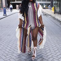 Fashion Ruffle Edge Split Beach Dress O Neck Short Sleeve Loose Irregular Long Dresses Stripe Printed Knitted Women Summer Dress