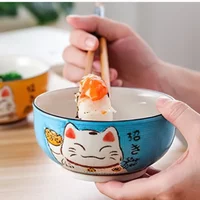 1PC 4.5in Japanese Lucky Cat Round Ceramic Bowl, Multi-Size Bone China Bowl for Salad, Noodles, Soup, Home & Restaurant Use