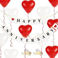 Happy White Anniversary Party Banner Decorations White Red Heart Balloon LED String Light for Vintage Anniversary Party Supplies