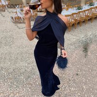 OIMG Elegant Navy Blue Halter Mermaid Prom Gowns Backless Velvet Party Gown Floor Length Party-perfect Evening Dress Customized