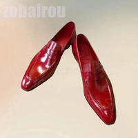 Red Sewing Design Square Toe Penny Loafers Fashion Slip On Men Shoes Luxury Handmade Party Banquet Office Dating Men Dress Shoes