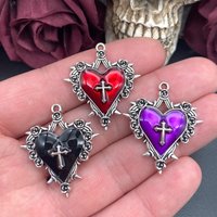 5pcs 34*30mm Thorn Rose Cross Heart Charms Enamel Halloween Pendant Designer Charms Fit Jewelry Making DIY Jewelry Findings