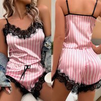 Sexy Women Striped Pajama Set Cami Top and Shorts Set with Lace Trim Sleepwear Loungewear Nightwear Fashion Pink Plus Size