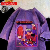 Portal To The Cat Dimension Print Snow Washed T-Shirts Mans Cotton T Shirt Sportwear Clothing Crewneck Loose Short Sleeve