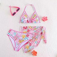 2026 Halter High Waist Bikini Floral Triangle Girls Swimsuit 3 Pieces Kids Swimwear Female Children Swimming Swim Suit 13Y-16Y
