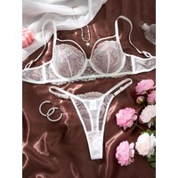 White Iridescent Peacock Feather Embroidered Lace Bra and Panty Set Women Sexy Sheer Mesh Underwear Two Piece