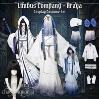 anime game Limbus Company cosplay Araya Japanese kimono white long dress Retro blue floral pattern Miko uniform Halloween 코스프레