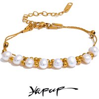 Yhpup Natural Freshwater Pearls Bead Chain Stainless Steel Waterproof Bracelet Bangle for Women Fashion Handmade Jewelry New