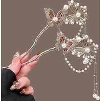 Chinese Style Butterfly Tassel Hairpin Girls Metal Hair Fork Pearls Pendant Hairpin Elegant Headwear Jewelry Hair Accessories