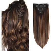 Real Human Hair Dark Brown to Ash Brown Ombre Clip in Hair Extensions 7Pcs 16 Seamless Clips Remy Straight Clip in Extensions