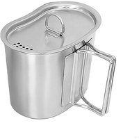 R6FE Stainless Steel Camping Cup with Foldable Handle 700ml Water Coffee Mug Cooking Cup with Lid Outdoor Cookware
