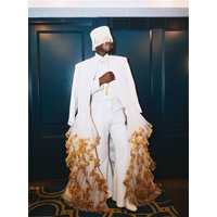White Wrap Men Suits Set 2 Pcs Long Blazer+Cotton Pants Trousers Ruffles Wedding Tuxedo Formal Office Business Groom Jacket Coat