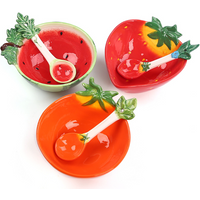 Ceramic Strawberry Bowl with Spoon Creative Fruit Shape Dessert Pudding Salad Bowl Ice Cream Cup Ceramic Spice Dishes Tableware