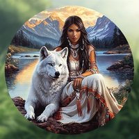 High Definition Metal Tin Sign Native American Woman & White Wolf Scenic Wall Art Decor